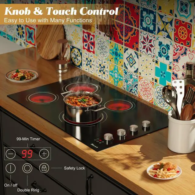 Alt view image 5 of 7 - 30 Inch Electric Cooktop, 6700W 240V Hard Wired, Silver Knob | 4 Burner Electric Stove 30 Inches Built-in, Timer, Safety Lock, Dual Ring, Cut-out Size: 29.13" x 19.3", 220V No Plug