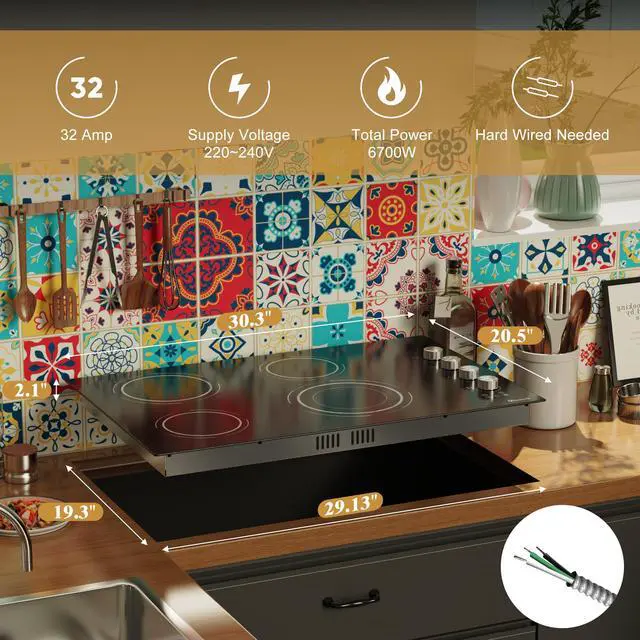 Alt view image 7 of 7 - 30 Inch Electric Cooktop, 6700W 240V Hard Wired, Silver Knob | 4 Burner Electric Stove 30 Inches Built-in, Timer, Safety Lock, Dual Ring, Cut-out Size: 29.13" x 19.3", 220V No Plug