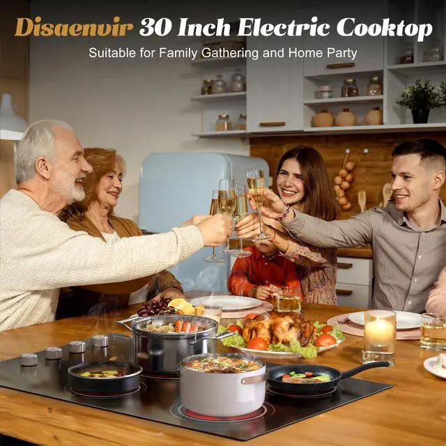 Alt view image 6 of 7 - 30 Inch Electric Cooktop, 6700W 240V Hard Wired, Silver Knob | 4 Burner Electric Stove 30 Inches Built-in, Timer, Safety Lock, Dual Ring, Cut-out Size: 29.13" x 19.3", 220V No Plug