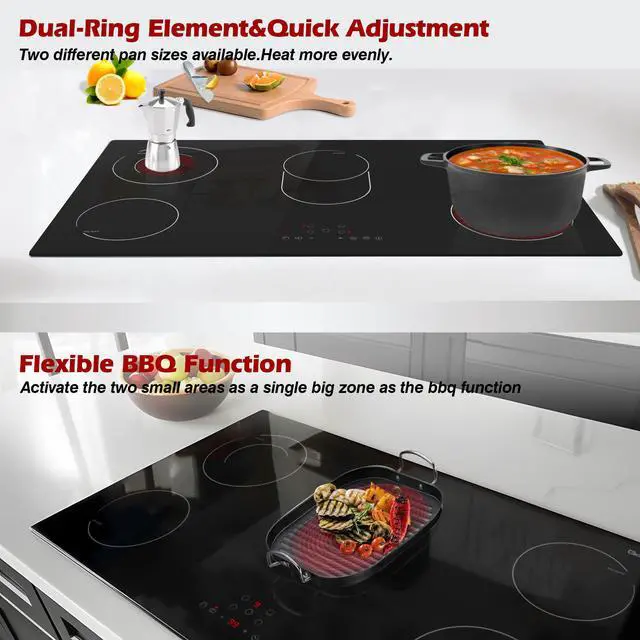 Alt view image 2 of 7 - Electric Cooktop 36 Inch 5 Burners,220~240V,Built in Electric Stove Top,8400W Radiant Ceramic Cooktop with Hardwired,Touch Control,Child Lock,Dual-Ring Heating,Expandable Zones