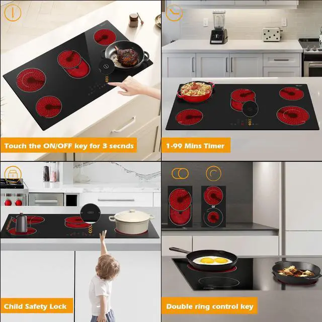 Alt view image 3 of 7 - Electric Cooktop 36 Inch 5 Burners,220~240V,Built in Electric Stove Top,8400W Radiant Ceramic Cooktop with Hardwired,Touch Control,Child Lock,Dual-Ring Heating,Expandable Zones