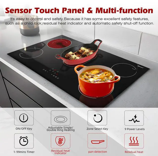 Alt view image 5 of 7 - Electric Cooktop 36 Inch 5 Burners,220~240V,Built in Electric Stove Top,8400W Radiant Ceramic Cooktop with Hardwired,Touch Control,Child Lock,Dual-Ring Heating,Expandable Zones