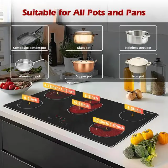 Alt view image 6 of 7 - Electric Cooktop 36 Inch 5 Burners,220~240V,Built in Electric Stove Top,8400W Radiant Ceramic Cooktop with Hardwired,Touch Control,Child Lock,Dual-Ring Heating,Expandable Zones