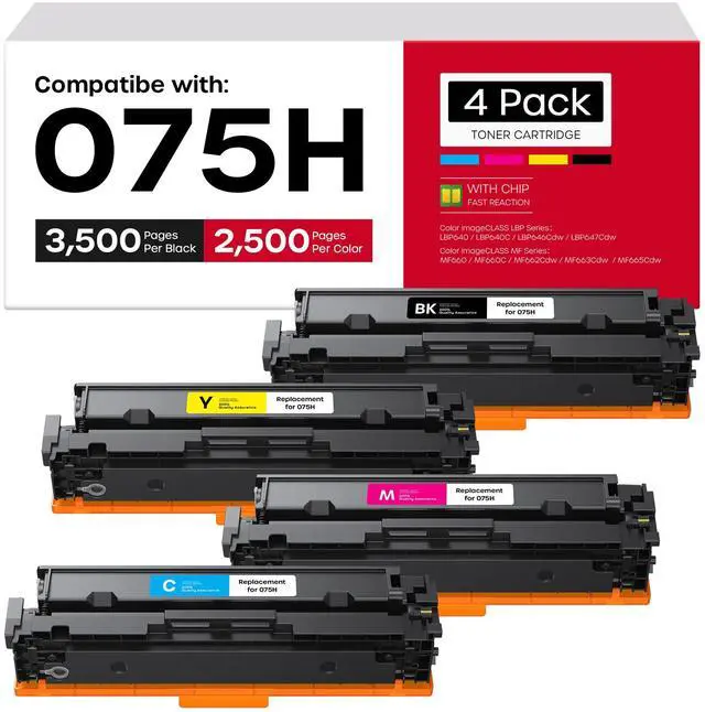 Main image of 075H Toner Cartridge Set 4-Pack Replacement for Canon 075H 075 Printers | Compatible with Canon Color imageCLASS MF662Cdw MF665Cdw LBP646Cdw, High Yield with Chip, 3500 Pages Black, 2500 Pages Color