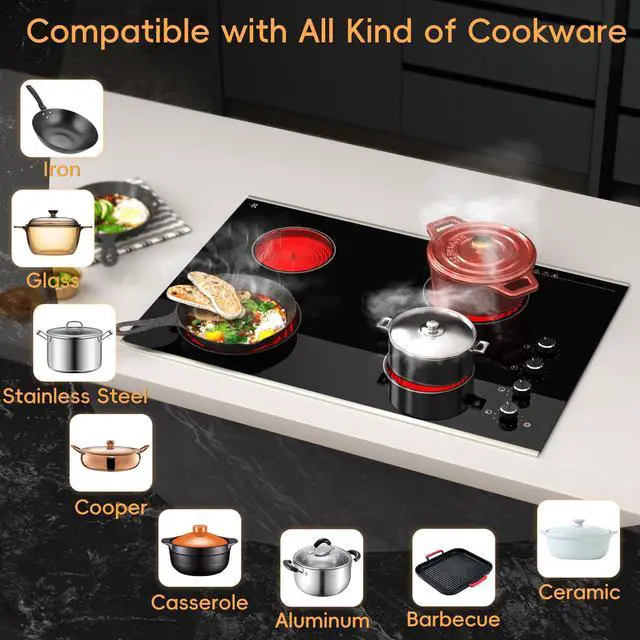 Alt view image 3 of 7 - 30 inch ELectric Cooktop Built-in 6700W 4 Burner, 220V Hard Wire | Knob Control, Easy for Older, Dual-Ring Heat Area, 11 Power Level, Large Ceramic Glass Electric Stove for Home Kitchen