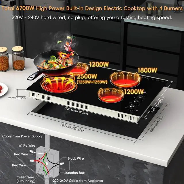 Alt view image 4 of 7 - 30 inch ELectric Cooktop Built-in 6700W 4 Burner, 220V Hard Wire | Knob Control, Easy for Older, Dual-Ring Heat Area, 11 Power Level, Large Ceramic Glass Electric Stove for Home Kitchen