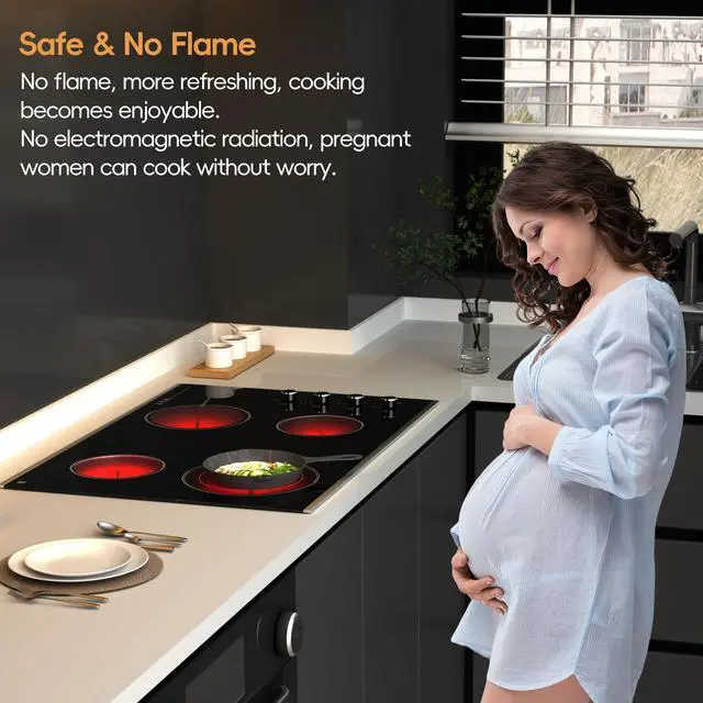 Alt view image 5 of 7 - 30 inch ELectric Cooktop Built-in 6700W 4 Burner, 220V Hard Wire | Knob Control, Easy for Older, Dual-Ring Heat Area, 11 Power Level, Large Ceramic Glass Electric Stove for Home Kitchen