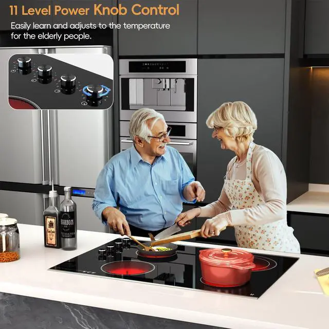 Alt view image 6 of 7 - 30 inch ELectric Cooktop Built-in 6700W 4 Burner, 220V Hard Wire | Knob Control, Easy for Older, Dual-Ring Heat Area, 11 Power Level, Large Ceramic Glass Electric Stove for Home Kitchen