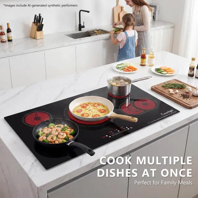 Alt view image 3 of 7 - 36 Inch Electric Cooktop, 5 Burner Built-In Ceramic Glass Stove Top, 9200W | 36-inch built-in radiant cooktop with 5 zones, 9200W, ceramic glass, touch control, and 220240V wiring