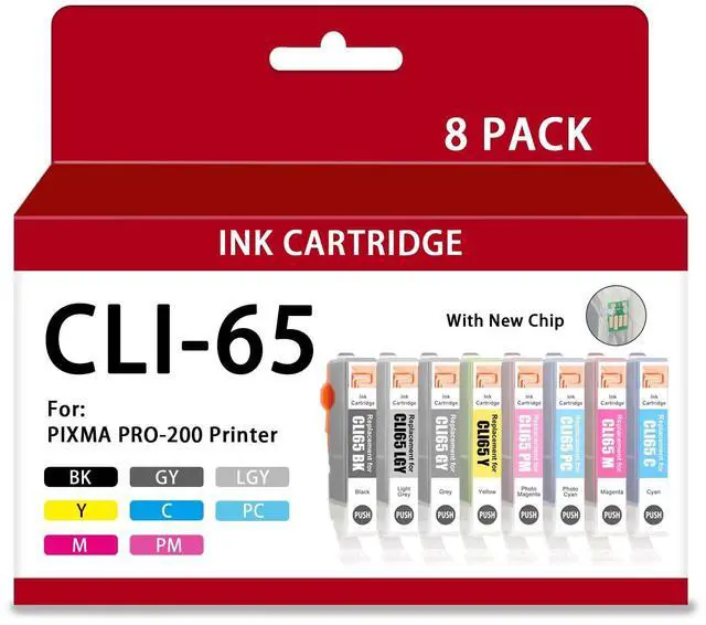 Main image of Compatible with Canon PRO 200 / PRO 200S CLI 65 CLI-65 Ink Cartridges 8-Pack with Chip (1BK, 1C, 1M, 1Y, 1PM, 1PC, 1GY, 1LGY)