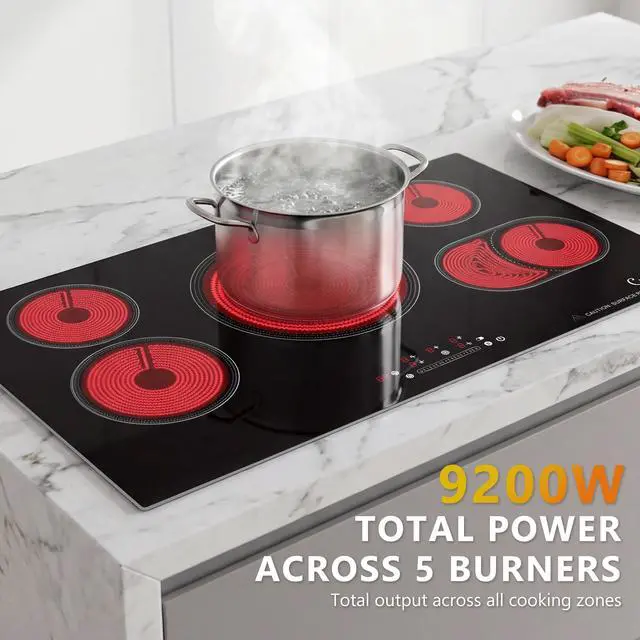 Alt view image 2 of 7 - 36 Inch Electric Cooktop, 5 Burner Built-In Ceramic Glass Stove Top, 9200W | 36-inch built-in radiant cooktop with 5 zones, 9200W, ceramic glass, touch control, and 220240V wiring