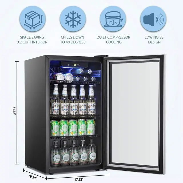 Alt view image 2 of 7 - Beverage Refrigerator Cooler -120 Can Mini Fridge Glass Door for Soda Beer or Wine Constant Glass Door Small Drink Dispenser for Home, Office Bar 3.2cu.ft