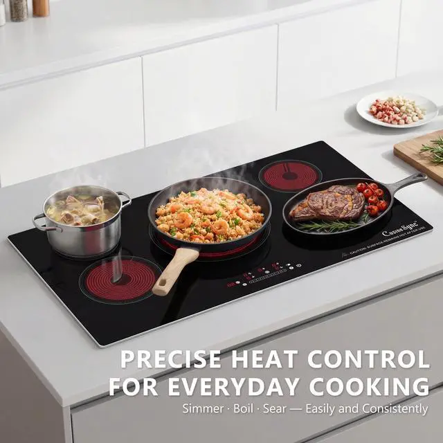 Alt view image 5 of 7 - 36 Inch Electric Cooktop, 5 Burner Built-In Ceramic Glass Stove Top, 9200W | 36-inch built-in radiant cooktop with 5 zones, 9200W, ceramic glass, touch control, and 220240V wiring