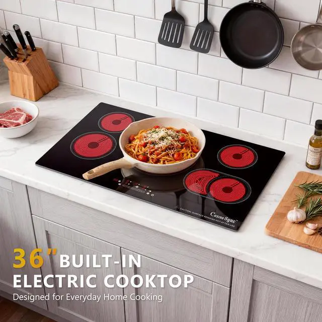 Alt view image 6 of 7 - 36 Inch Electric Cooktop, 5 Burner Built-In Ceramic Glass Stove Top, 9200W | 36-inch built-in radiant cooktop with 5 zones, 9200W, ceramic glass, touch control, and 220240V wiring
