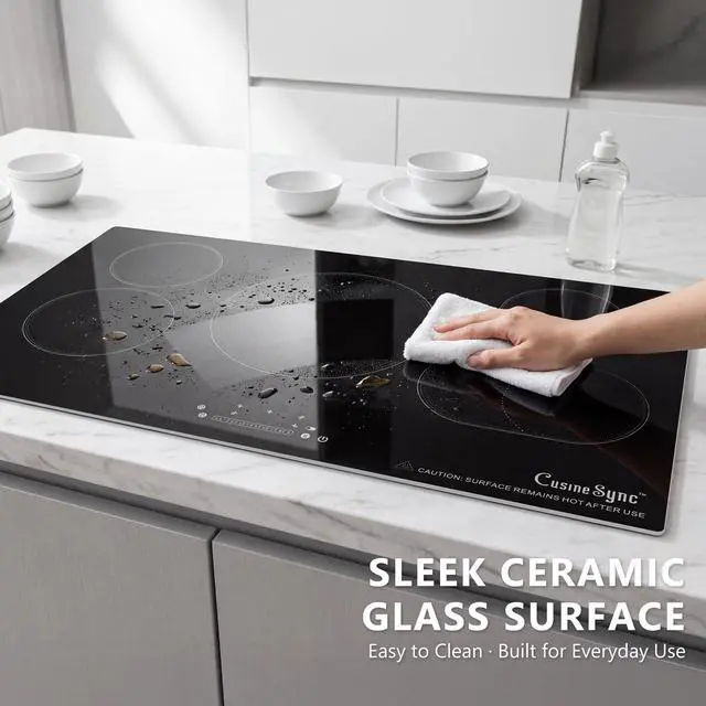 Alt view image 7 of 7 - 36 Inch Electric Cooktop, 5 Burner Built-In Ceramic Glass Stove Top, 9200W | 36-inch built-in radiant cooktop with 5 zones, 9200W, ceramic glass, touch control, and 220240V wiring