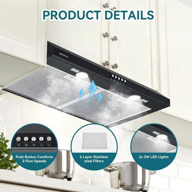 Alt view image 3 of 7 - 30" Under Cabinet Range Hood, 550 CFM Strong Airflow, Black | 550 CFM Airflow Convertible Venting Button Control 3 Fan Speeds Dual LED Lights Dishwasher Safe