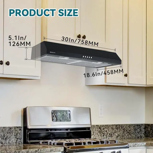 Alt view image 2 of 7 - 30" Under Cabinet Range Hood, 550 CFM Strong Airflow, Black | 550 CFM Airflow Convertible Venting Button Control 3 Fan Speeds Dual LED Lights Dishwasher Safe