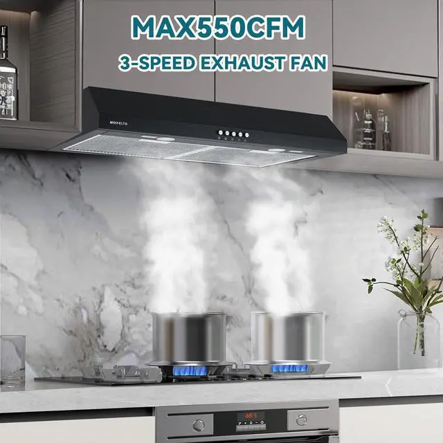 Alt view image 4 of 7 - 30" Under Cabinet Range Hood, 550 CFM Strong Airflow, Black | 550 CFM Airflow Convertible Venting Button Control 3 Fan Speeds Dual LED Lights Dishwasher Safe