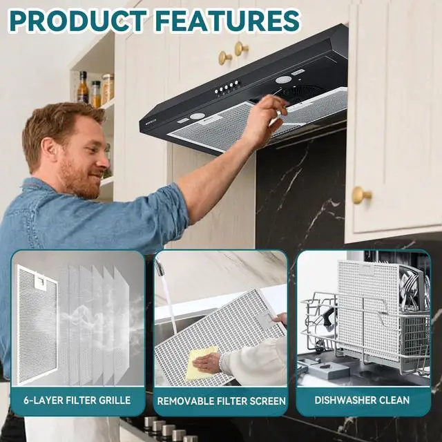 Alt view image 5 of 7 - 30" Under Cabinet Range Hood, 550 CFM Strong Airflow, Black | 550 CFM Airflow Convertible Venting Button Control 3 Fan Speeds Dual LED Lights Dishwasher Safe