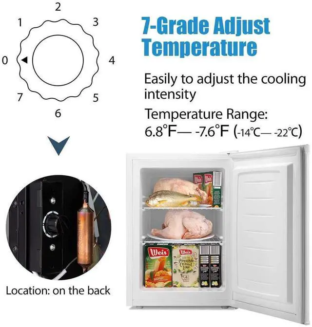 Alt view image 4 of 7 - 2.1 Cu.Ft Upright Freezer, Ultra-Compact Mini Freezer with Reversible Door, 7-Temp Control, Removable Shelves, Stainless Steel for Dorm, Home, Office, White
