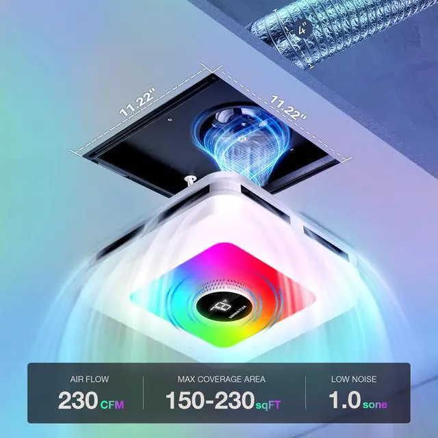 Alt view image 2 of 7 - Bathroom Exhaust Fan with Light,230CFM Powerful Ventilation,7 LED | Options & 3 Dynamic Modes,3CCT&Stepless Dimming,Speaker Exhaust Fan With 1.0 Sone Quiet Operation,Bluetooth Remote Music