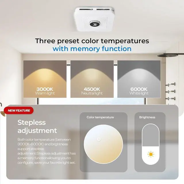Alt view image 3 of 7 - Bathroom Exhaust Fan with Light,230CFM Powerful Ventilation,7 LED | Options & 3 Dynamic Modes,3CCT&Stepless Dimming,Speaker Exhaust Fan With 1.0 Sone Quiet Operation,Bluetooth Remote Music
