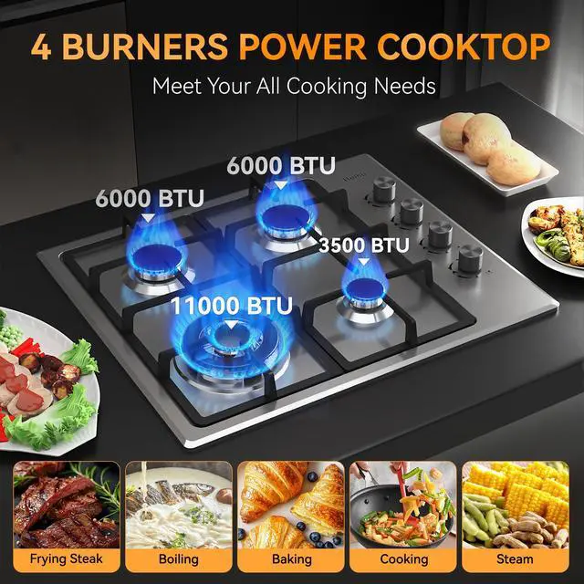 Alt view image 3 of 6 - 4 Burner 24 inch Gas Cooktop, LPG/NG Dual Fuel Built-in Electronic Ignition Propane Stove Top with Pressure Regulator, Stainless Steel Gas Hob for Kitchen, Apartment, Outdoor(AHT24IN40S)