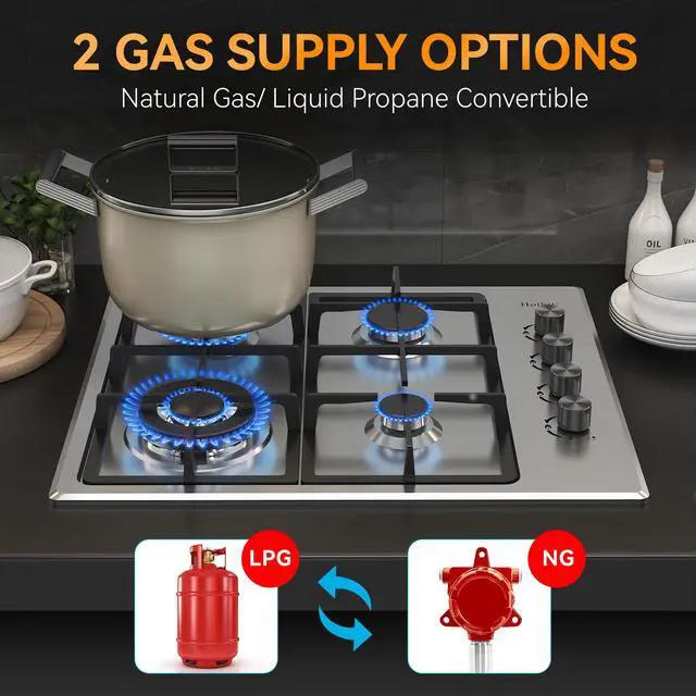 Alt view image 2 of 6 - 4 Burner 24 inch Gas Cooktop, LPG/NG Dual Fuel Built-in Electronic Ignition Propane Stove Top with Pressure Regulator, Stainless Steel Gas Hob for Kitchen, Apartment, Outdoor(AHT24IN40S)