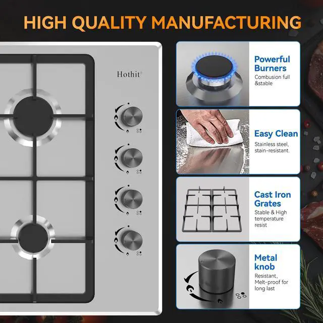 Alt view image 5 of 6 - 4 Burner 24 inch Gas Cooktop, LPG/NG Dual Fuel Built-in Electronic Ignition Propane Stove Top with Pressure Regulator, Stainless Steel Gas Hob for Kitchen, Apartment, Outdoor(AHT24IN40S)