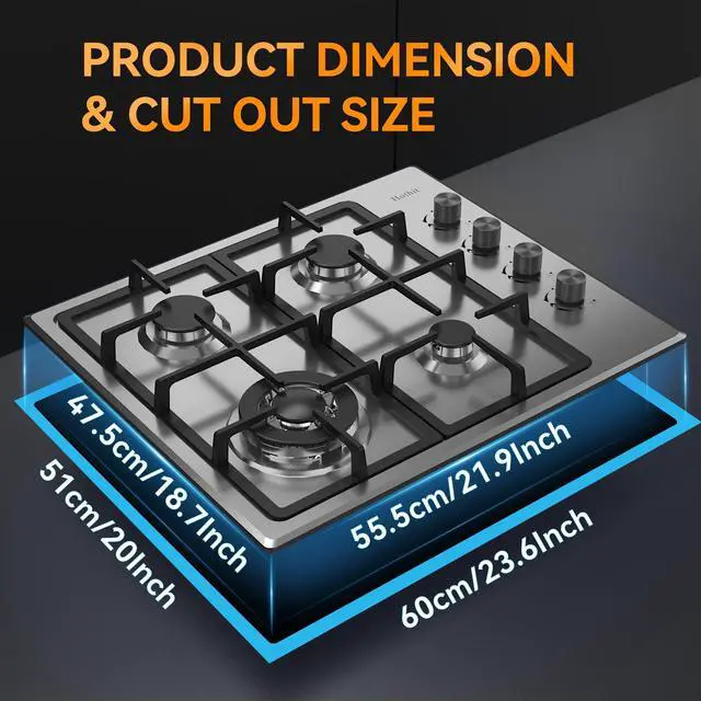 Alt view image 6 of 6 - 4 Burner 24 inch Gas Cooktop, LPG/NG Dual Fuel Built-in Electronic Ignition Propane Stove Top with Pressure Regulator, Stainless Steel Gas Hob for Kitchen, Apartment, Outdoor(AHT24IN40S)