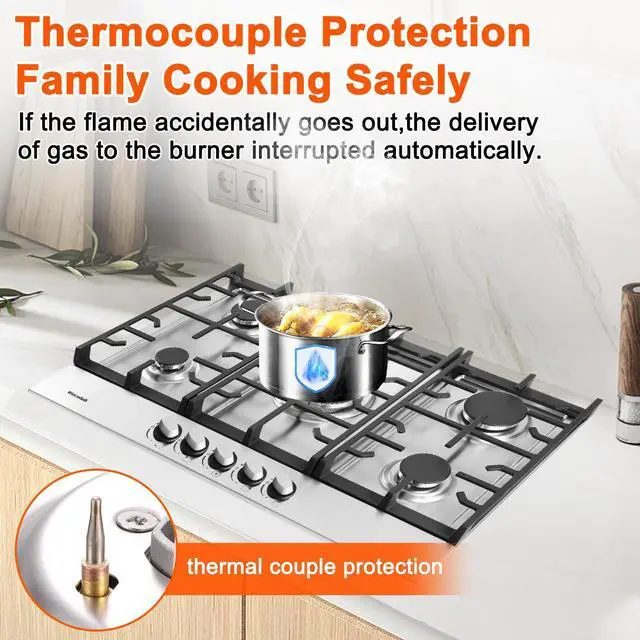 Alt view image 2 of 6 - 30 Inch Gas Cooktop, 5 Burners Built in Gas Stove Top | NG/LPG Convertible Propane Cooktop, Auto Ignition, Stainless Steel Surface, Cast Iron Grates, Thermocouple Protection, ETL