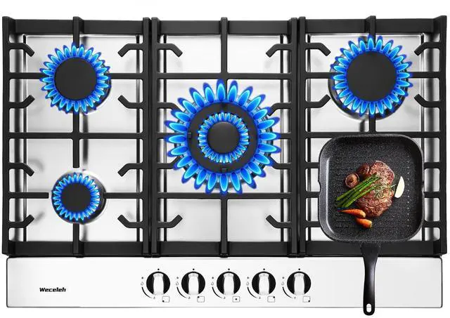 Main image of 30 Inch Gas Cooktop, 5 Burners Built in Gas Stove Top | NG/LPG Convertible Propane Cooktop, Auto Ignition, Stainless Steel Surface, Cast Iron Grates, Thermocouple Protection, ETL