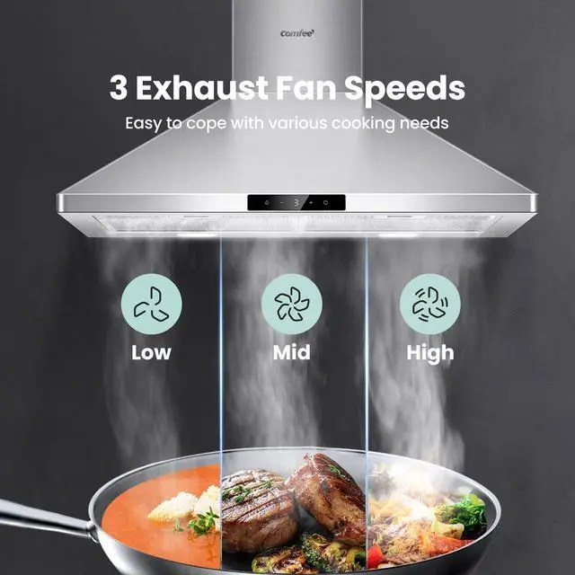 Alt view image 7 of 7 - 30 Inch Wall Mount Range Hood, 450 CFM Ductless/Ducted Convertible | 3-Speed Gesture Sensing &Touch Control Stainless Steel Chimney Kitchen Vent Hood, 2 Baffle Filters &2 LED Lights