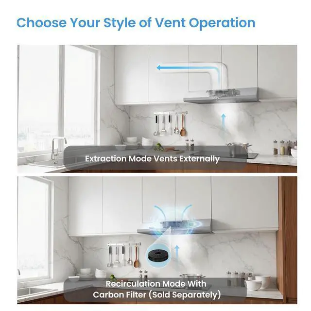 Alt view image 4 of 7 - 30 Inch Under Cabinet Range Hood, 3-Speed Ductless/Ducted Convertible