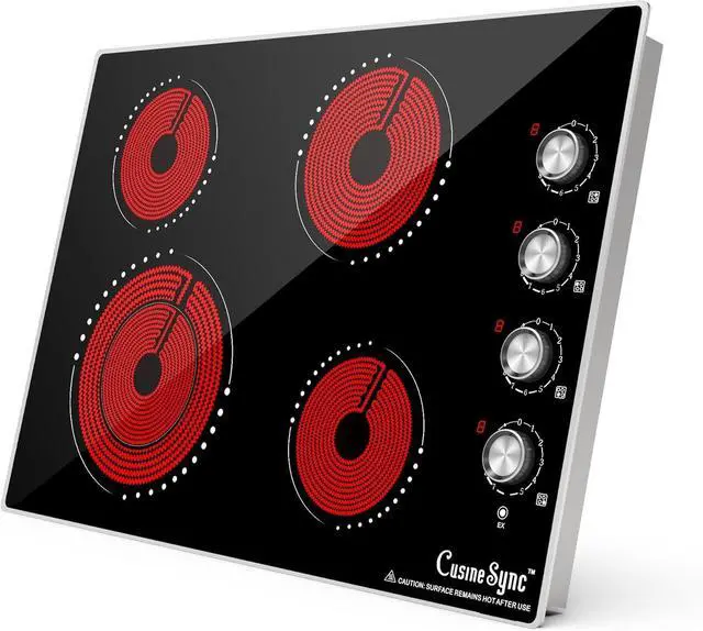 Main image of 30 Inch Electric Cooktop, 4 Burner, 7200W | Built-in radiant cooktop with ceramic glass, 4 zones and flat-bottom cookware use; 220240V hardwired
