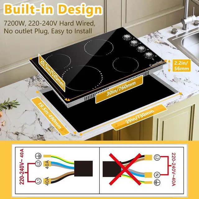 Alt view image 2 of 7 - 30 Inch Electric Cooktop, 4 Burner, 7200W | Built-in radiant cooktop with ceramic glass, 4 zones and flat-bottom cookware use; 220240V hardwired