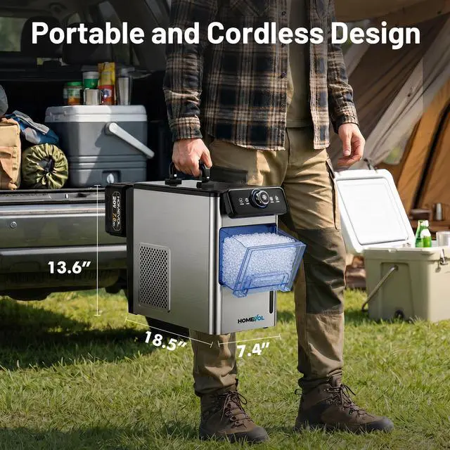 Alt view image 7 of 7 - 2 in 1 Cordless Countertop Ice Maker, Battery Powered Portable Countertop Ice Machine, 6-Minute Fast Ice Cubes with 2 Size, 30lbs Daily, 40dB Quiet, Self-Cleaning, 2 × 7.8Ah Battery, Stainless Steel