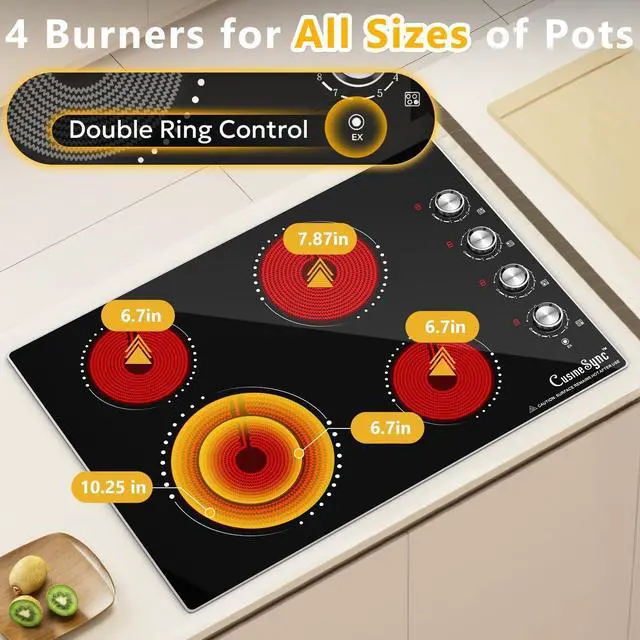 Alt view image 4 of 7 - 30 Inch Electric Cooktop, 4 Burner, 7200W | Built-in radiant cooktop with ceramic glass, 4 zones and flat-bottom cookware use; 220240V hardwired