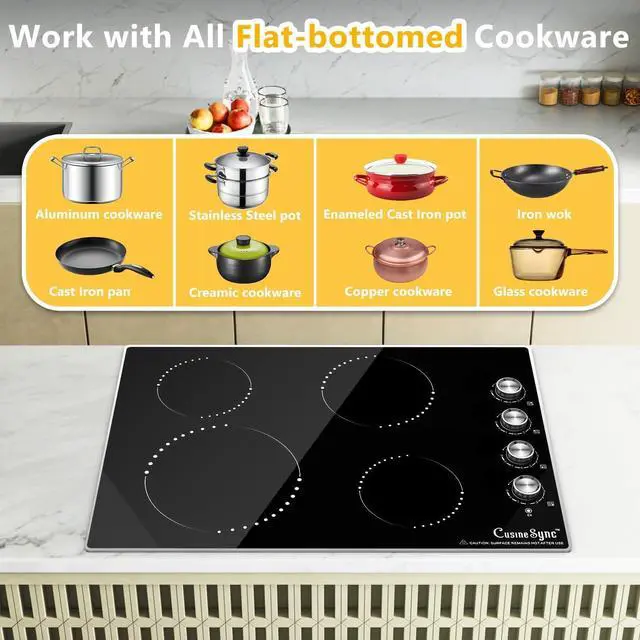 Alt view image 5 of 7 - 30 Inch Electric Cooktop, 4 Burner, 7200W | Built-in radiant cooktop with ceramic glass, 4 zones and flat-bottom cookware use; 220240V hardwired