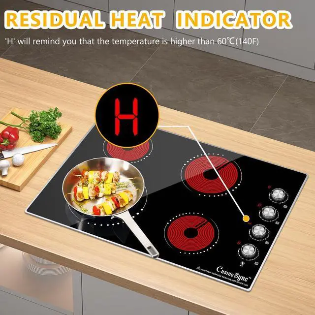 Alt view image 7 of 7 - 30 Inch Electric Cooktop, 4 Burner, 7200W | Built-in radiant cooktop with ceramic glass, 4 zones and flat-bottom cookware use; 220240V hardwired