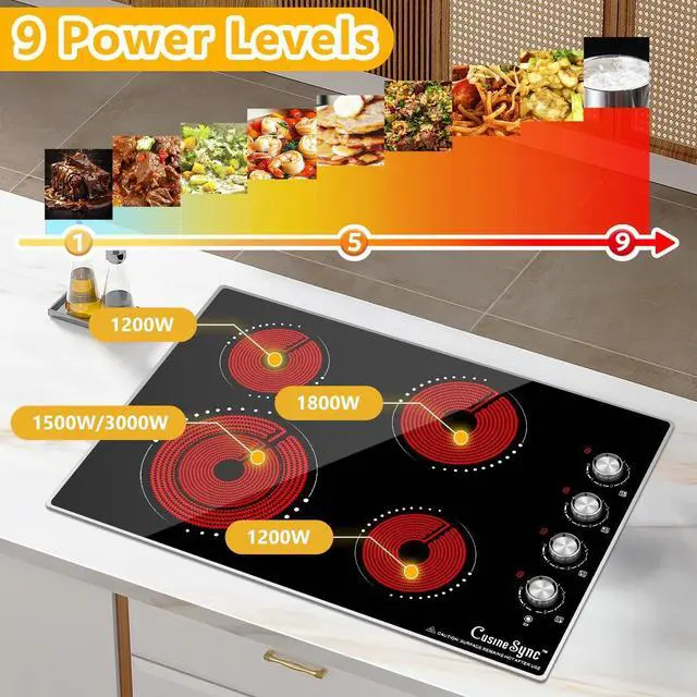 Alt view image 6 of 7 - 30 Inch Electric Cooktop, 4 Burner, 7200W | Built-in radiant cooktop with ceramic glass, 4 zones and flat-bottom cookware use; 220240V hardwired