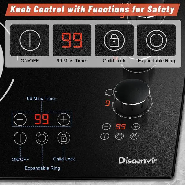 Alt view image 2 of 7 - 30 Inch Electric Cooktop, 6700W 240V Hard Wired, Black Knob | 4 Burner Electric Stove 30 Inches Built-in, Timer, Safety Lock, Dual Ring, Cut-out Size: 29.13" x 19.3", 220V No Plug