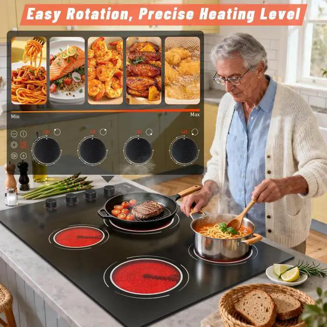 Alt view image 3 of 7 - 30 Inch Electric Cooktop, 6700W 240V Hard Wired, Black Knob | 4 Burner Electric Stove 30 Inches Built-in, Timer, Safety Lock, Dual Ring, Cut-out Size: 29.13" x 19.3", 220V No Plug