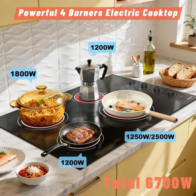 Alt view image 5 of 7 - 30 Inch Electric Cooktop, 6700W 240V Hard Wired, Black Knob | 4 Burner Electric Stove 30 Inches Built-in, Timer, Safety Lock, Dual Ring, Cut-out Size: 29.13" x 19.3", 220V No Plug