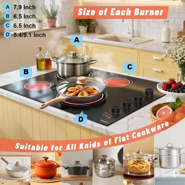 Alt view image 4 of 7 - 30 Inch Electric Cooktop, 6700W 240V Hard Wired, Black Knob | 4 Burner Electric Stove 30 Inches Built-in, Timer, Safety Lock, Dual Ring, Cut-out Size: 29.13" x 19.3", 220V No Plug