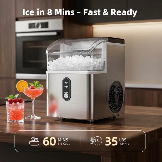 Alt view image 2 of 7 - Nugget Ice Maker Countertop, 35LBS/24H Pebble Ice Machine, Soft Chewable Sonic Ice in 8 Mins, Self-Cleaning Portable Ice Maker with Handle for Home/Office (Stainless Steel Silver)