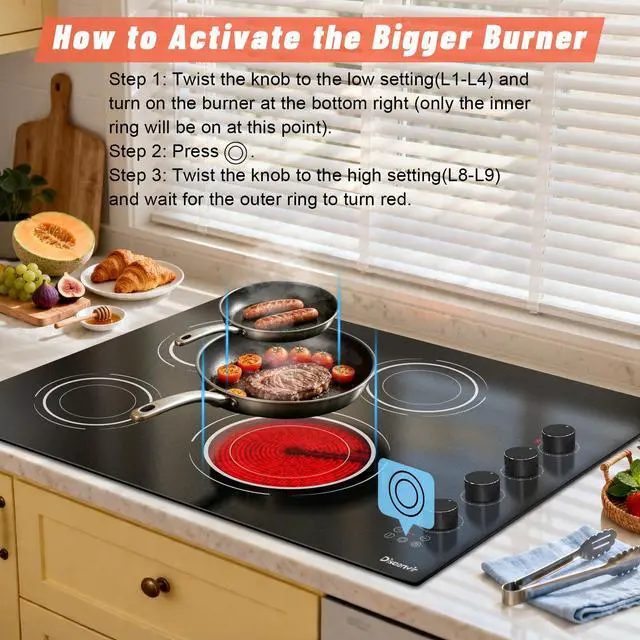 Alt view image 6 of 7 - 30 Inch Electric Cooktop, 6700W 240V Hard Wired, Black Knob | 4 Burner Electric Stove 30 Inches Built-in, Timer, Safety Lock, Dual Ring, Cut-out Size: 29.13" x 19.3", 220V No Plug