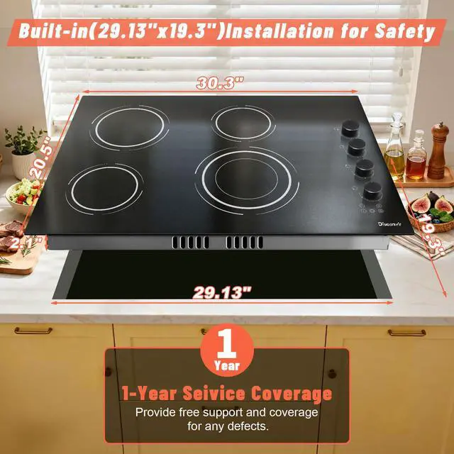 Alt view image 7 of 7 - 30 Inch Electric Cooktop, 6700W 240V Hard Wired, Black Knob | 4 Burner Electric Stove 30 Inches Built-in, Timer, Safety Lock, Dual Ring, Cut-out Size: 29.13" x 19.3", 220V No Plug