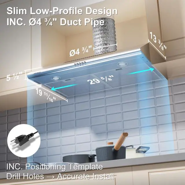 Alt view image 3 of 7 - Under-Cabinet Range Hood 30 inch, 400 CFM Dual Motors | Round LED Lights & 2 Charcoal Filters, Plug-in with Install Template, Stainless Steel, Ducted/Ductless
