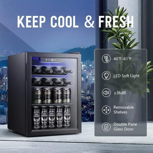 Alt view image 2 of 7 - 2.6cu.ft Wine Cooler/Cabinet Beverage Refrigerator, Small Mini Wine Cellar Fridge, Beer Soda Clear Front Glass Door, Quiet Operation, Adjust Temperature, Freestanding, Black